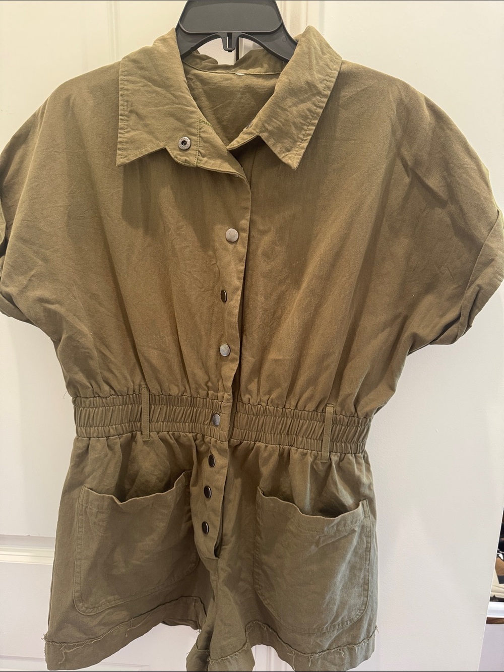 Utility Short Sleeve Button Romper in Olive